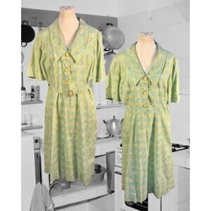 Vintage 50s Aqua Hashtag Pattern Belted Shirt Bell Sleeve Trad Wife Dress M/L
